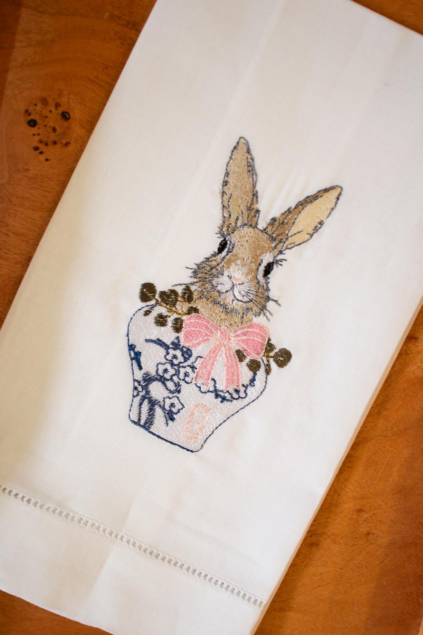 Easter Rabbit Embroidered Linen Hand Towel | Hostess Gifts | Home Gifts | Wedding Gifts | Easter Gifts | Easter Home