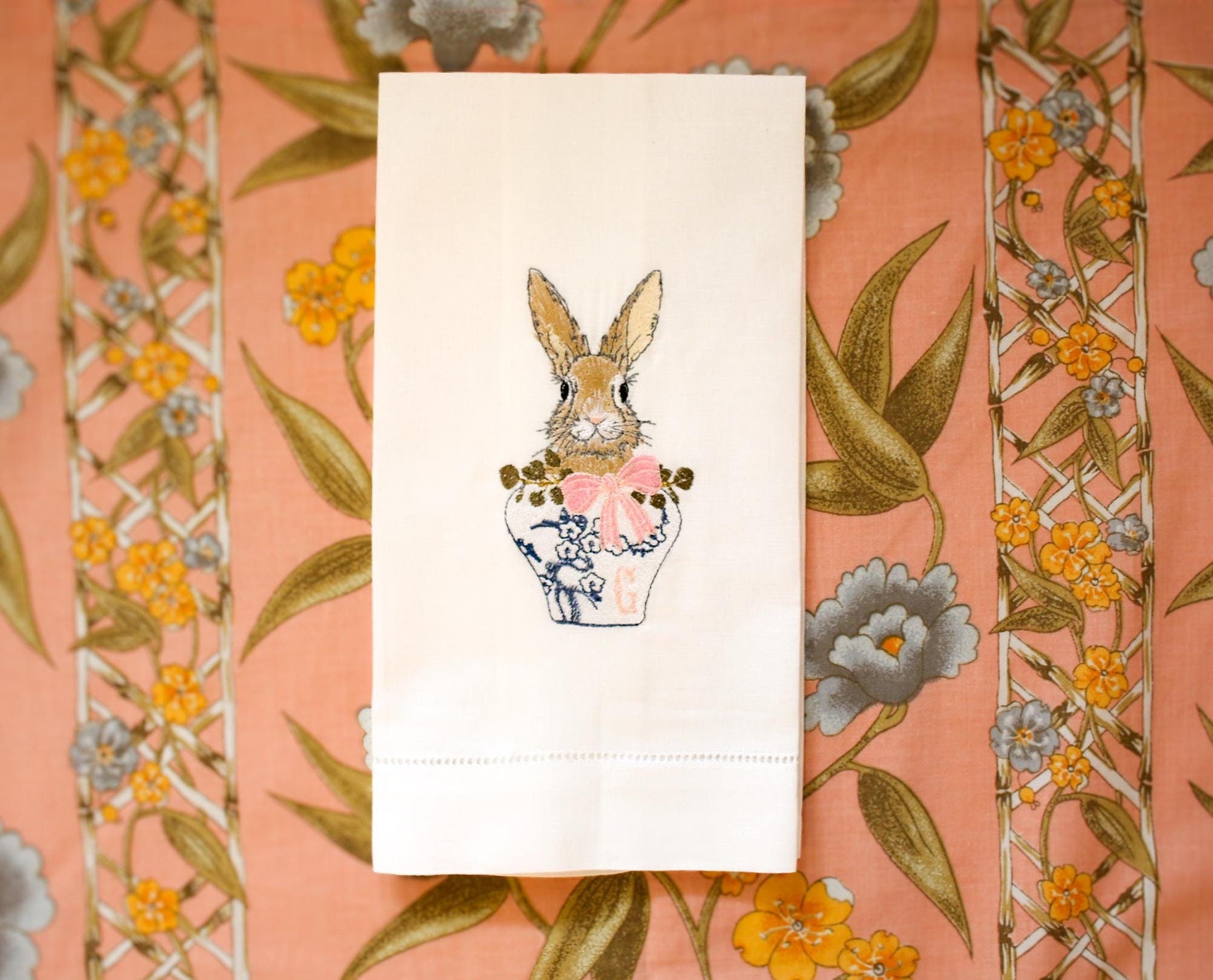 Easter Rabbit Embroidered Linen Hand Towel | Hostess Gifts | Home Gifts | Wedding Gifts | Easter Gifts | Easter Home