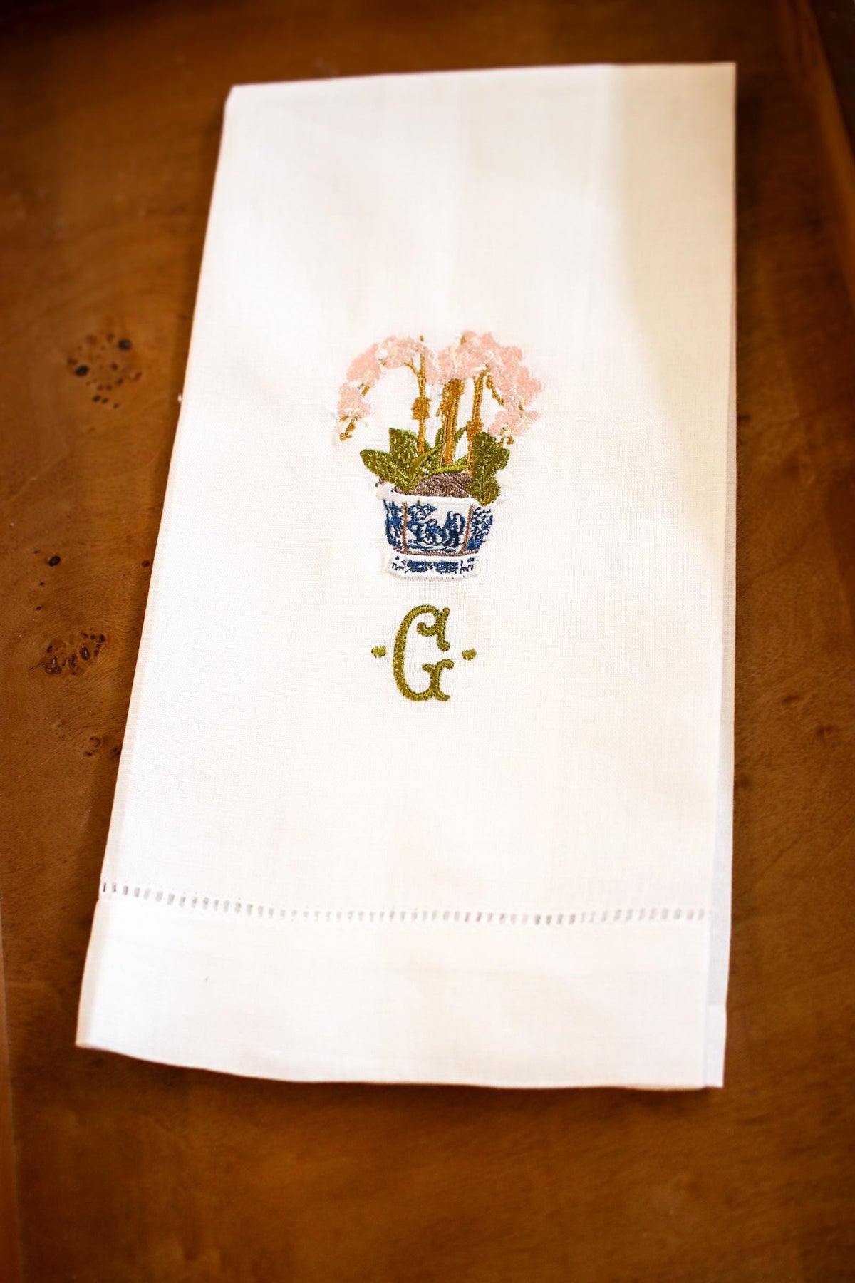 Embroidered Orchid Chinoiserie Linen Hand Towel | Custom Monogrammed Tea Towel | Hostess Gifts | Grandmillenial Home