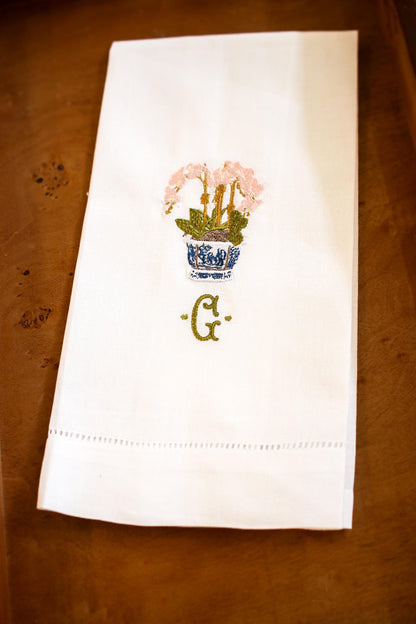 Embroidered Orchid Chinoiserie Linen Hand Towel | Custom Monogrammed Tea Towel | Hostess Gifts | Grandmillenial Home