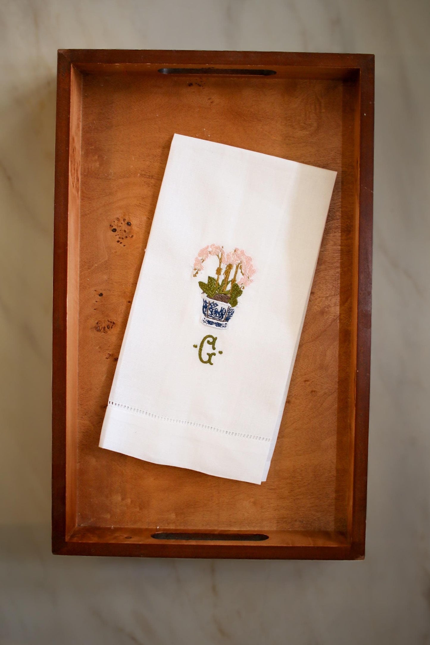 Embroidered Orchid Chinoiserie Linen Hand Towel | Custom Monogrammed Tea Towel | Hostess Gifts | Grandmillenial Home