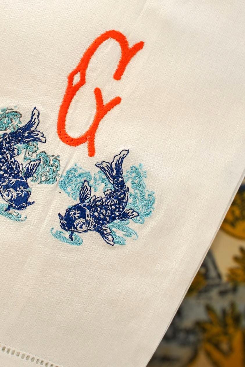 Koi Embroidered Linen Tea Towel | Custom Monogrammed Bar Cart Decor | Gifts for Home | Grandmillenial Gifts