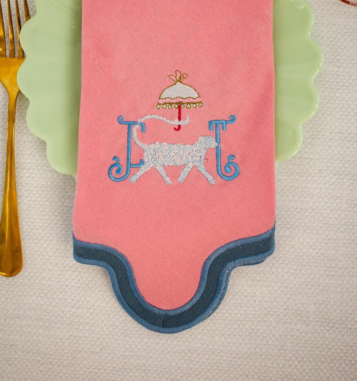 Embroidered Cheetah Parasol Napkin: Scalloped Cotton Dinner Napkin