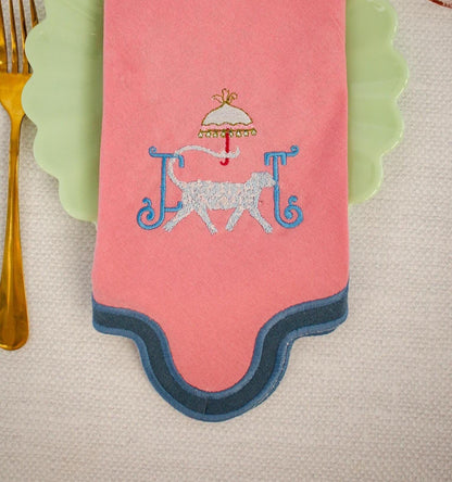 Embroidered Cheetah Parasol Napkin: Scalloped Cotton Dinner Napkin