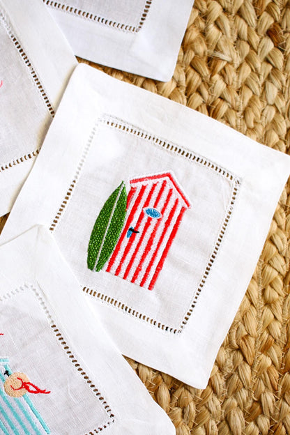 Beach Cabana Embroidered Cocktail Napkins | Hostess Gifts | Chinoiserie Gifts | Gifts for Her | Housewarming Gifts