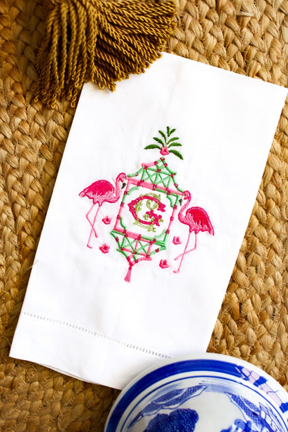 Embroidered Linen Hand Towel: Flamingo Pagoda, Custom Monogram