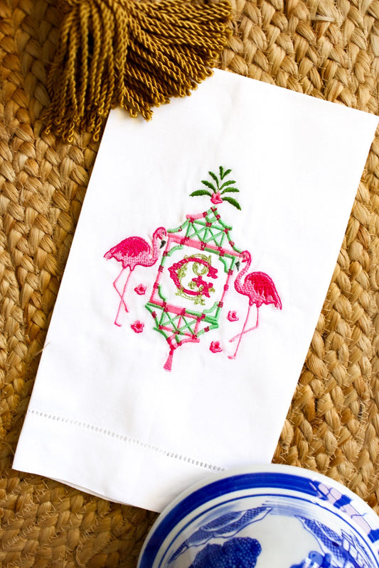 Embroidered Linen Hand Towel: Flamingo Pagoda, Custom Monogram