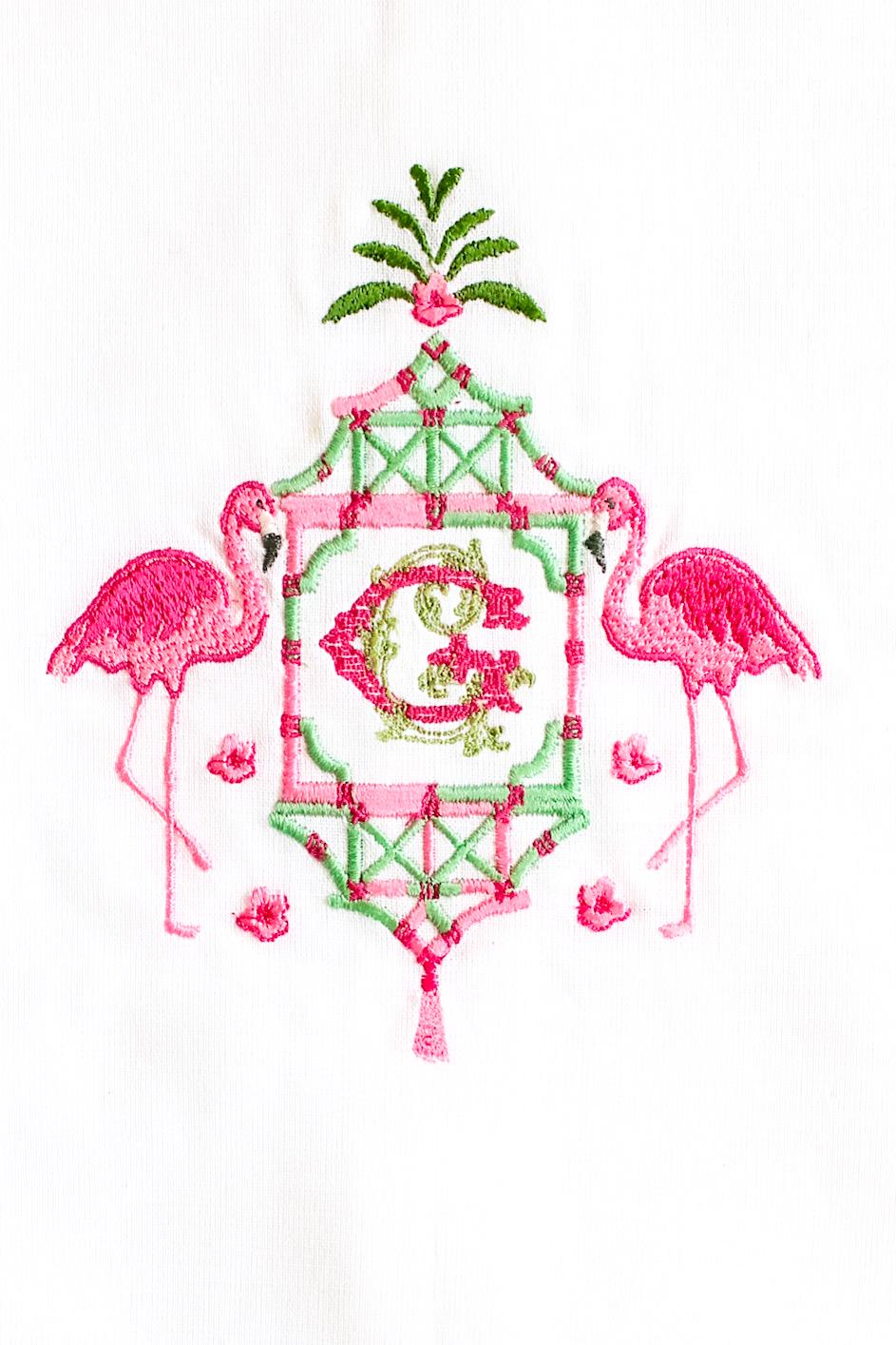 Embroidered Linen Hand Towel: Flamingo Pagoda, Custom Monogram
