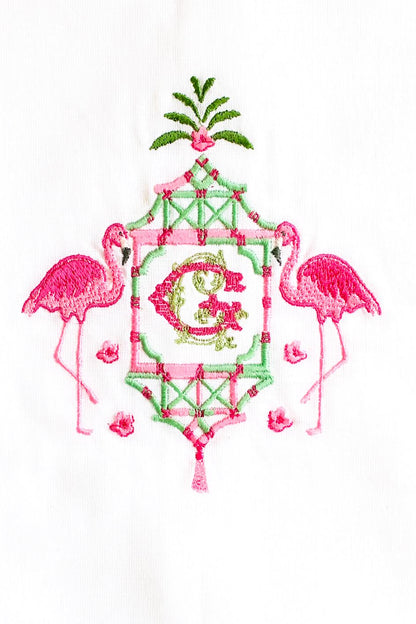 Embroidered Linen Hand Towel: Flamingo Pagoda, Custom Monogram
