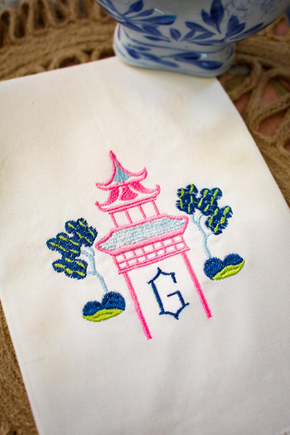 Embroidered Linen Hand Towel | Pagoda Embroidery | Chinoiserie Gifts | Embroidered Hand Towels | Grandmillenial Gifts | Housewarming Gifts