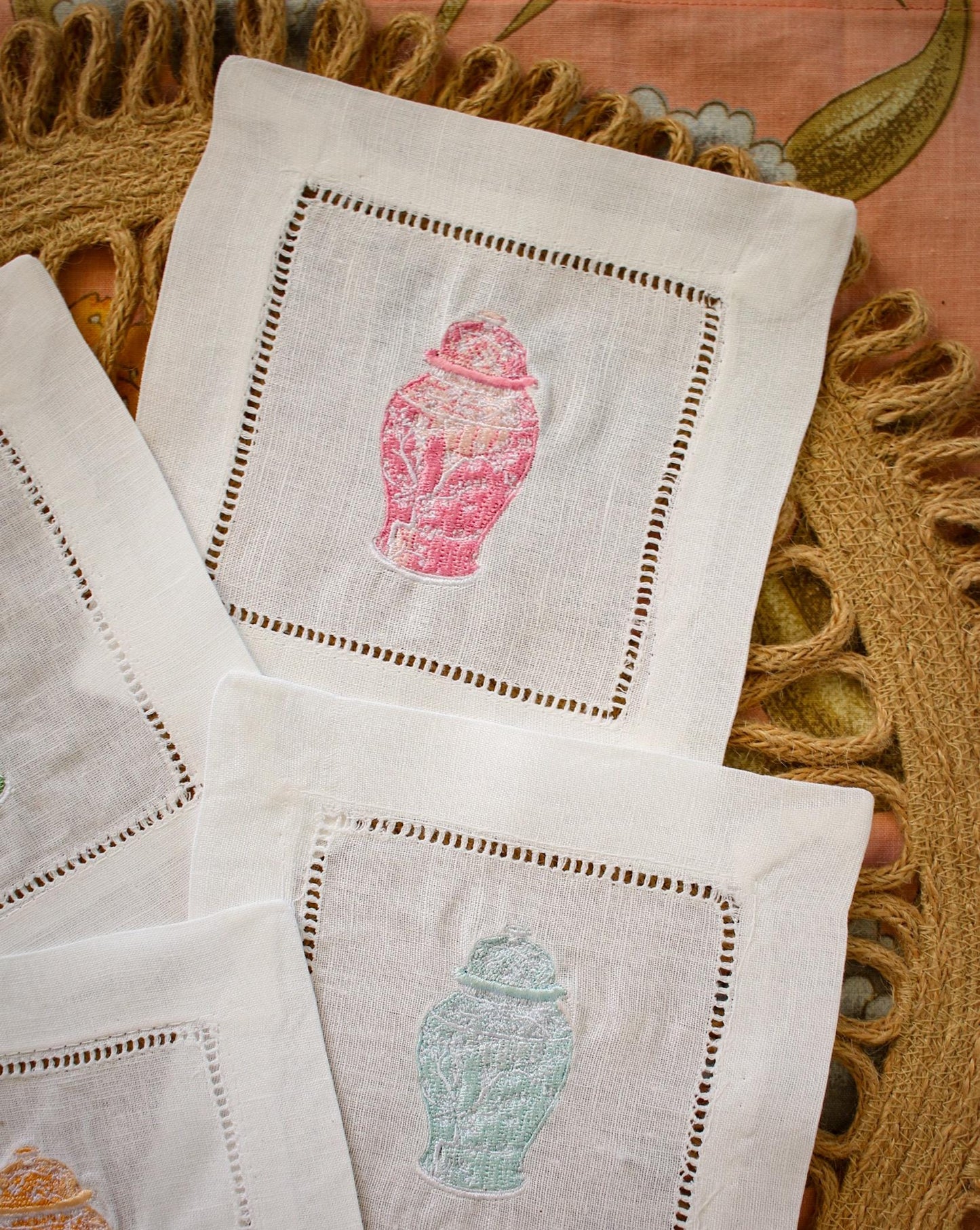 Embroidered Ginger Jar Linen Cocktail Napkins - Set of 4 | Hostess Gifts | Home Decor | European Linen