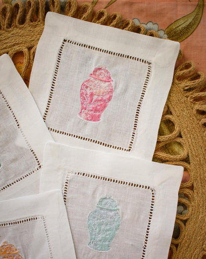 Embroidered Ginger Jar Linen Cocktail Napkins - Set of 4 | Hostess Gifts | Home Decor | European Linen