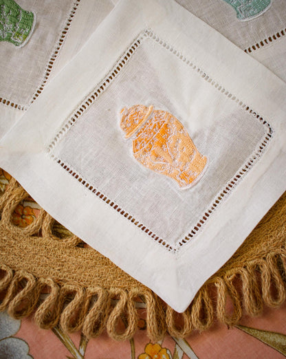 Embroidered Ginger Jar Linen Cocktail Napkins - Set of 4 | Hostess Gifts | Home Decor | European Linen