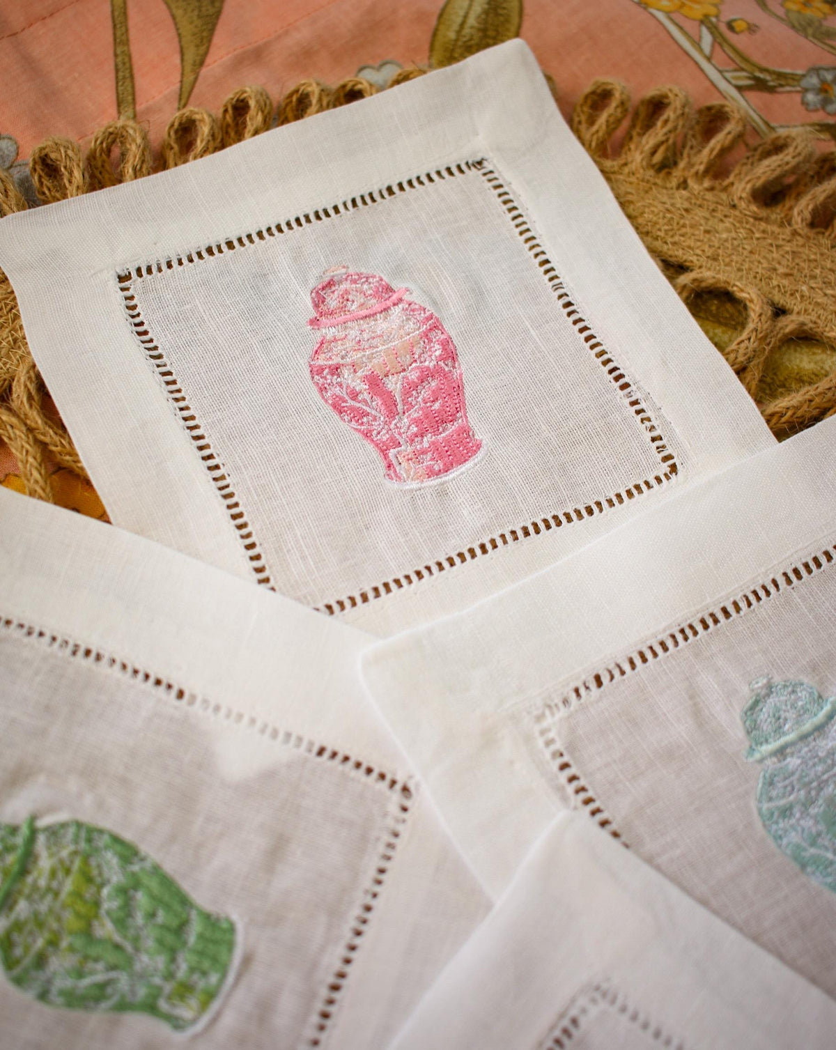 Embroidered Ginger Jar Linen Cocktail Napkins - Set of 4 | Hostess Gifts | Home Decor | European Linen