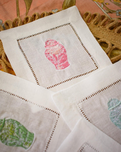 Embroidered Ginger Jar Linen Cocktail Napkins - Set of 4 | Hostess Gifts | Home Decor | European Linen