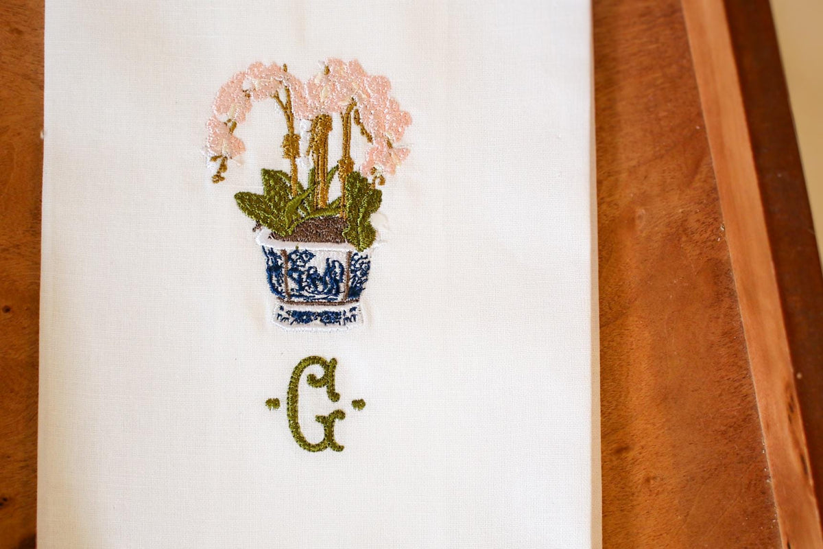 Embroidered Orchid Chinoiserie Linen Hand Towel | Custom Monogrammed Tea Towel | Hostess Gifts | Grandmillenial Home