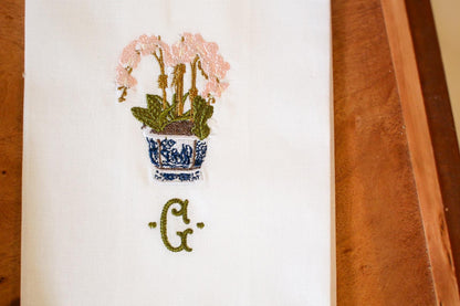 Embroidered Orchid Chinoiserie Linen Hand Towel | Custom Monogrammed Tea Towel | Hostess Gifts | Grandmillenial Home