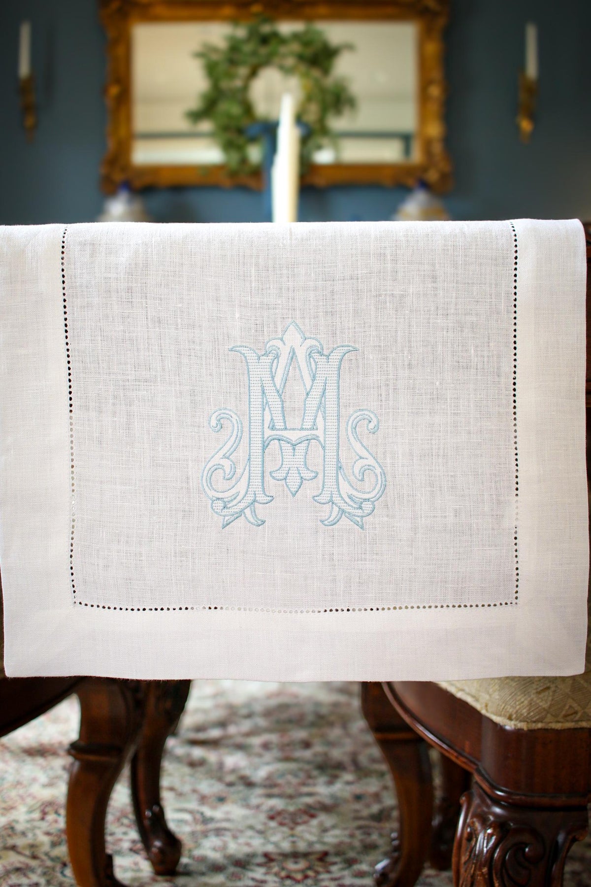 Double Initial Embroidered Hemstitch Linen Table Runner | Wedding Gifts | Home Gifts | Gifts for Her | Hostess Gifts