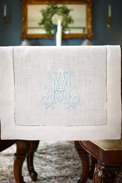 Double Initial Embroidered Hemstitch Linen Table Runner | Wedding Gifts | Home Gifts | Gifts for Her | Hostess Gifts
