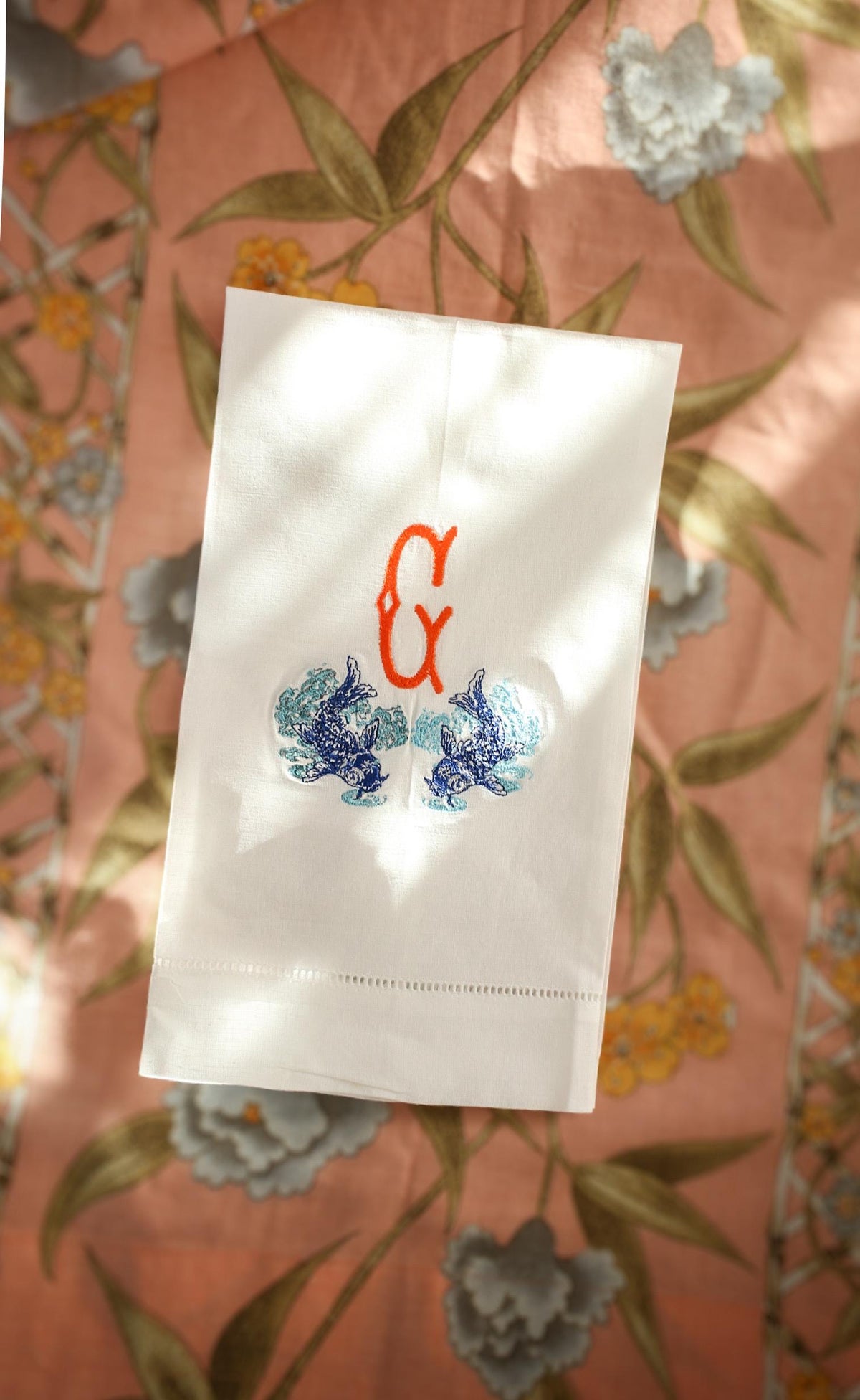 Koi Embroidered Linen Tea Towel | Custom Monogrammed Bar Cart Decor | Gifts for Home | Grandmillenial Gifts
