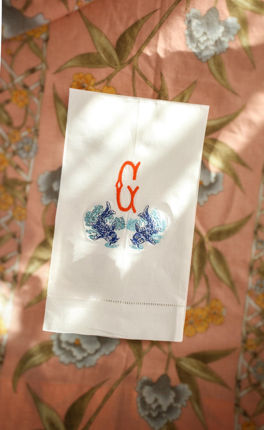 Koi Embroidered Linen Tea Towel | Custom Monogrammed Bar Cart Decor | Gifts for Home | Grandmillenial Gifts
