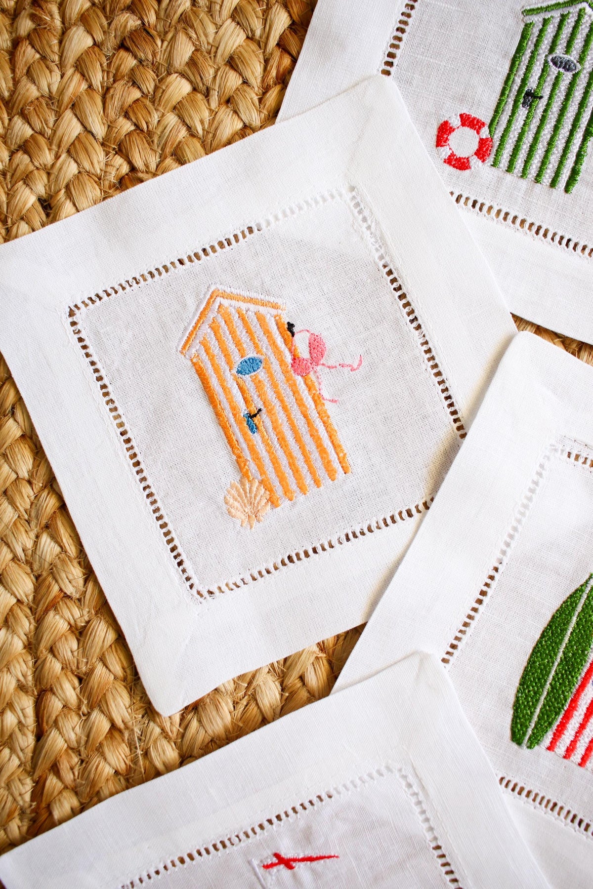 Beach Cabana Embroidered Cocktail Napkins | Hostess Gifts | Chinoiserie Gifts | Gifts for Her | Housewarming Gifts
