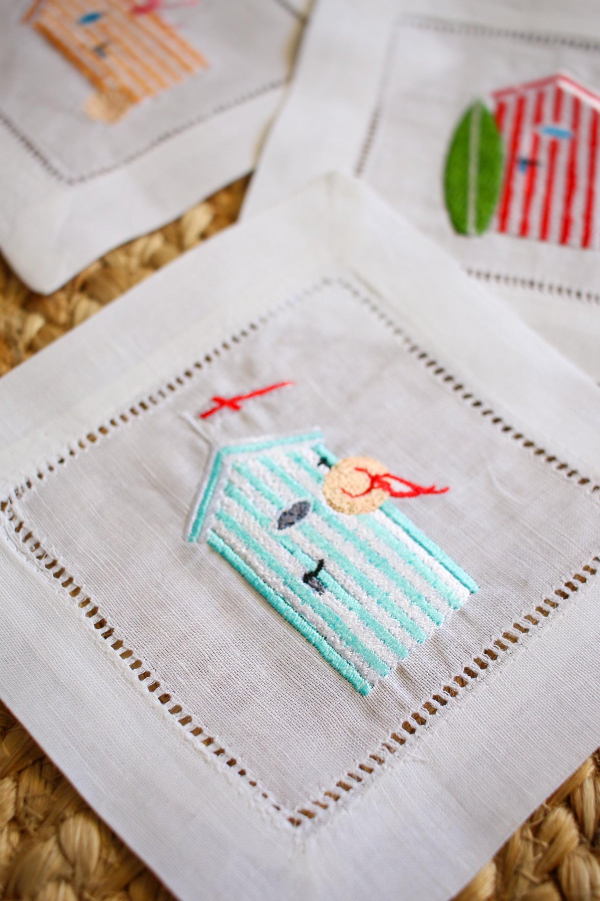 Beach Cabana Embroidered Cocktail Napkins | Hostess Gifts | Chinoiserie Gifts | Gifts for Her | Housewarming Gifts