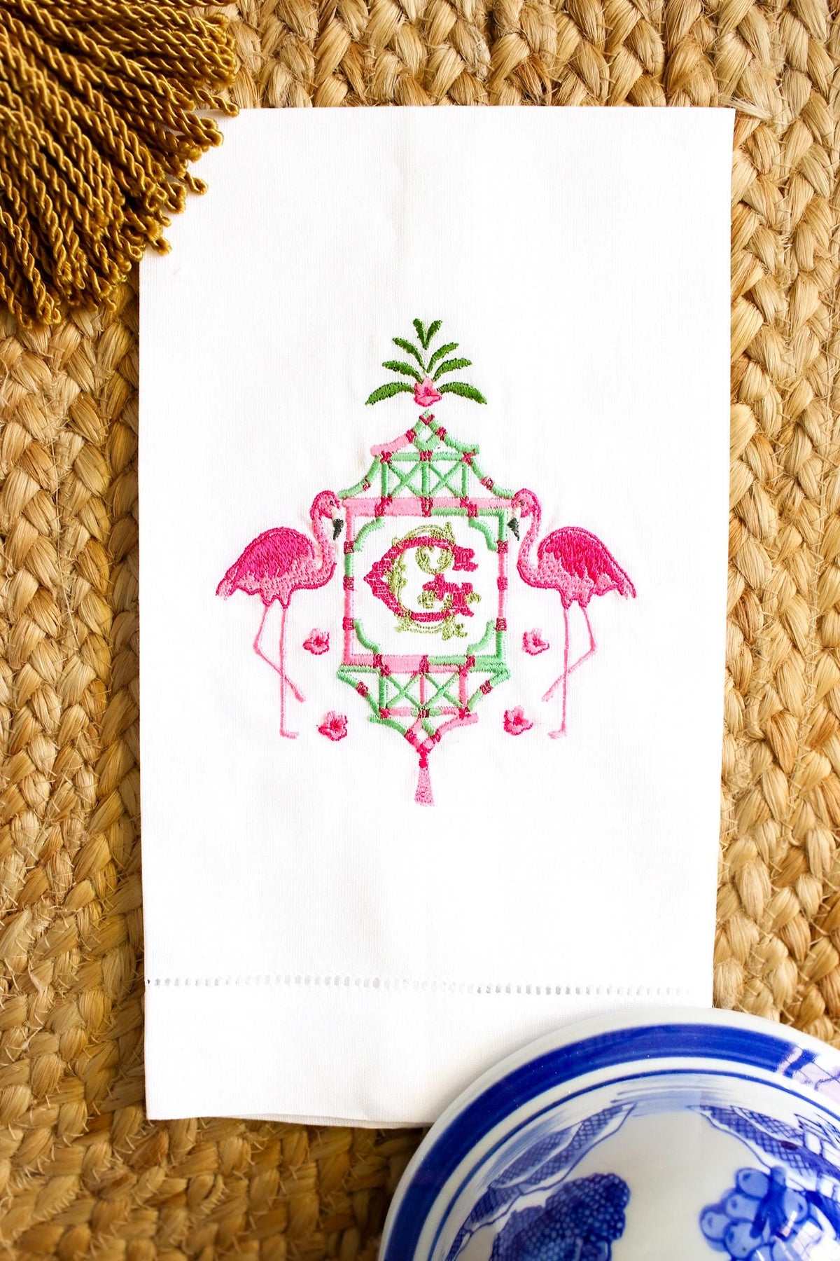 Embroidered Linen Hand Towel: Flamingo Pagoda, Custom Monogram