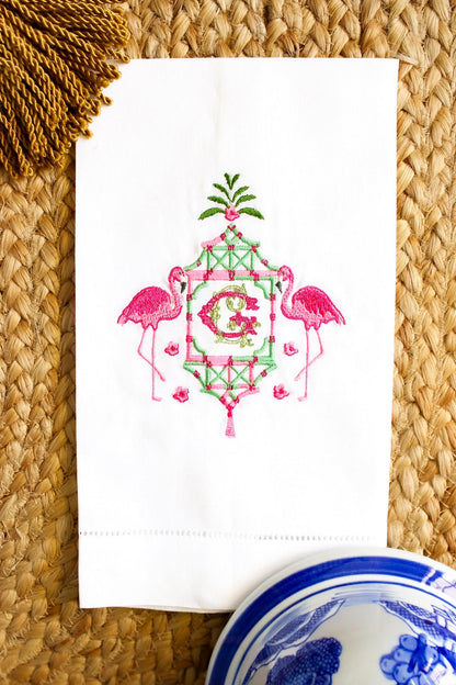 Embroidered Linen Hand Towel: Flamingo Pagoda, Custom Monogram