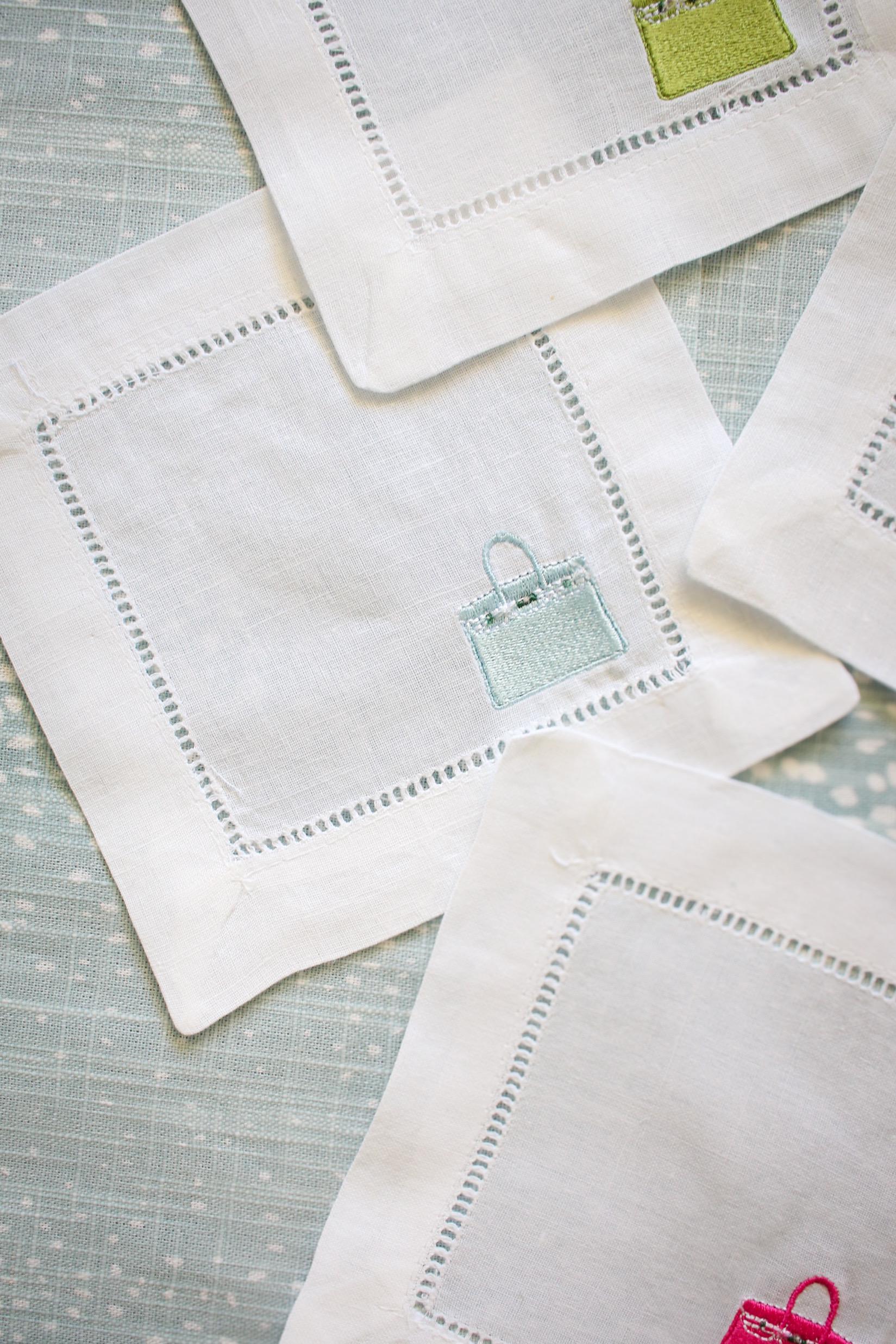 Designer Bag Embroidered Cocktail Napkins | Hostess Gifts | Grandmillenial Gifts | Gifts for Her | Housewarming Gifts | European Linen