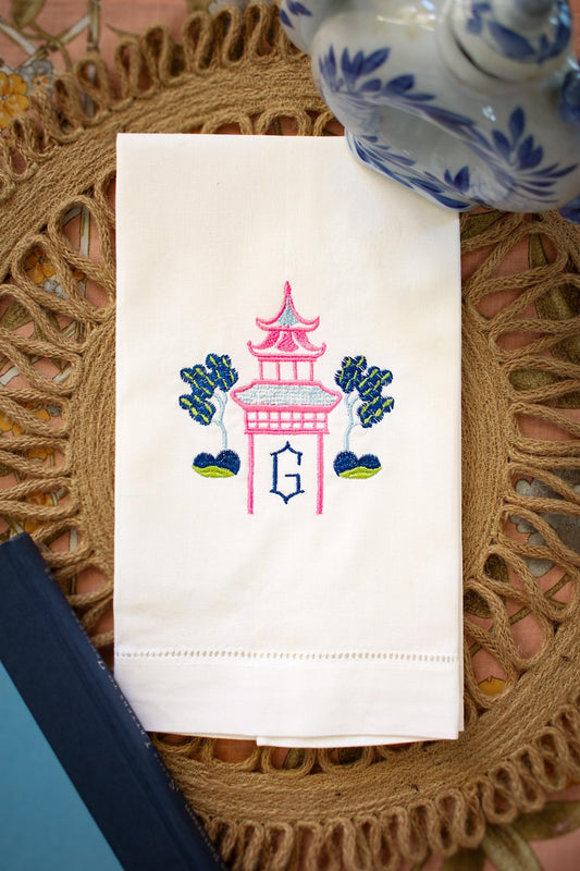 Embroidered Linen Hand Towel | Pagoda Embroidery | Chinoiserie Gifts | Embroidered Hand Towels | Grandmillenial Gifts | Housewarming Gifts