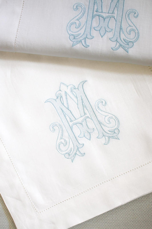 Double Initial Embroidered Hemstitch Linen Table Runner | Wedding Gifts | Home Gifts | Gifts for Her | Hostess Gifts