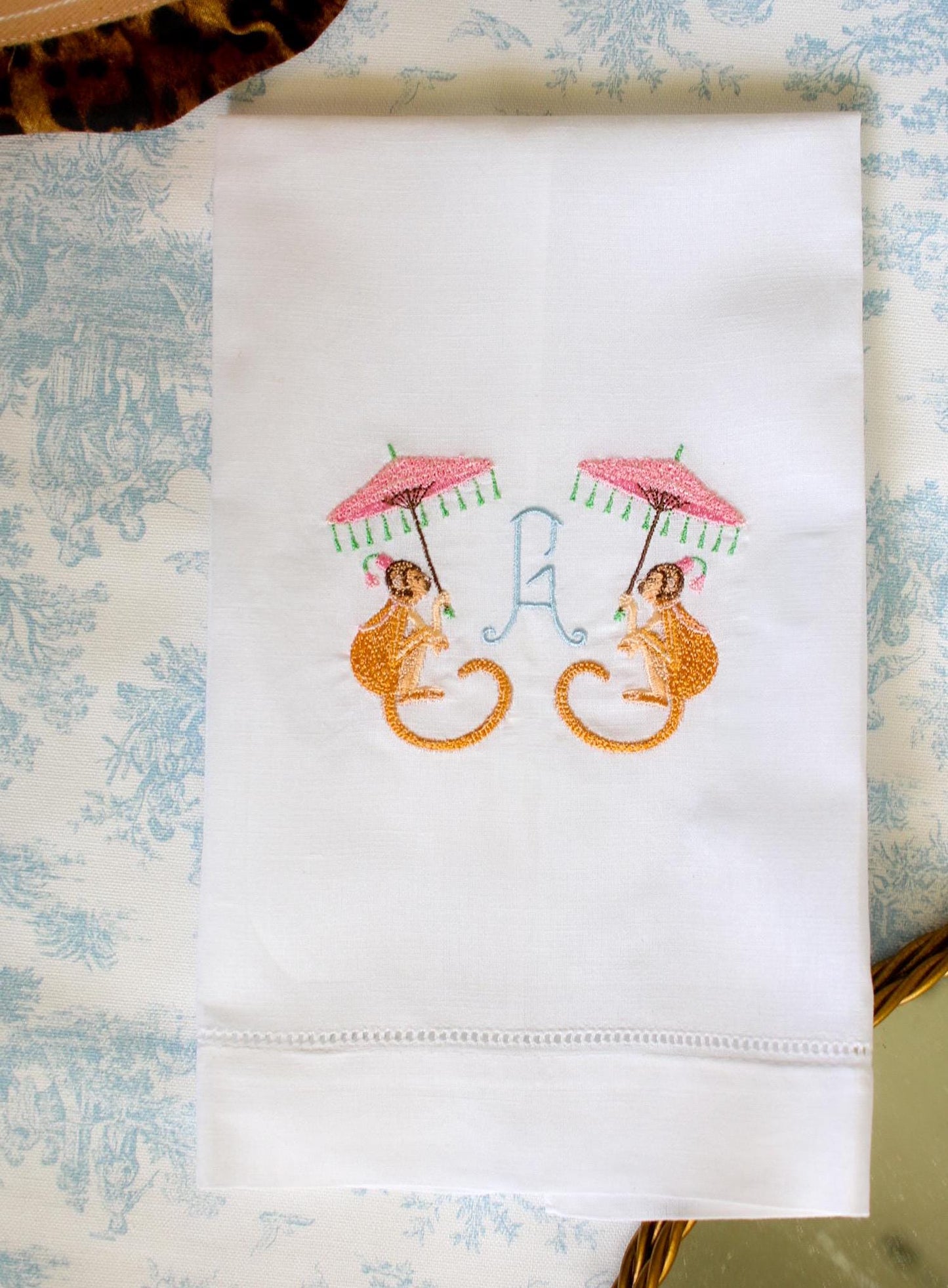 Monogrammed Linen Tea Towel | Monkey Parasol | Chinoiserie Gifts | Hostess Gifts | Gifts for Her