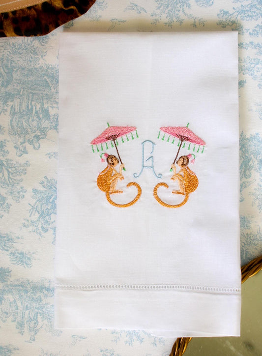 Monogrammed Linen Tea Towel | Monkey Parasol | Chinoiserie Gifts | Hostess Gifts | Gifts for Her