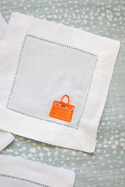 Designer Bag Embroidered Cocktail Napkins | Hostess Gifts | Grandmillenial Gifts | Gifts for Her | Housewarming Gifts | European Linen