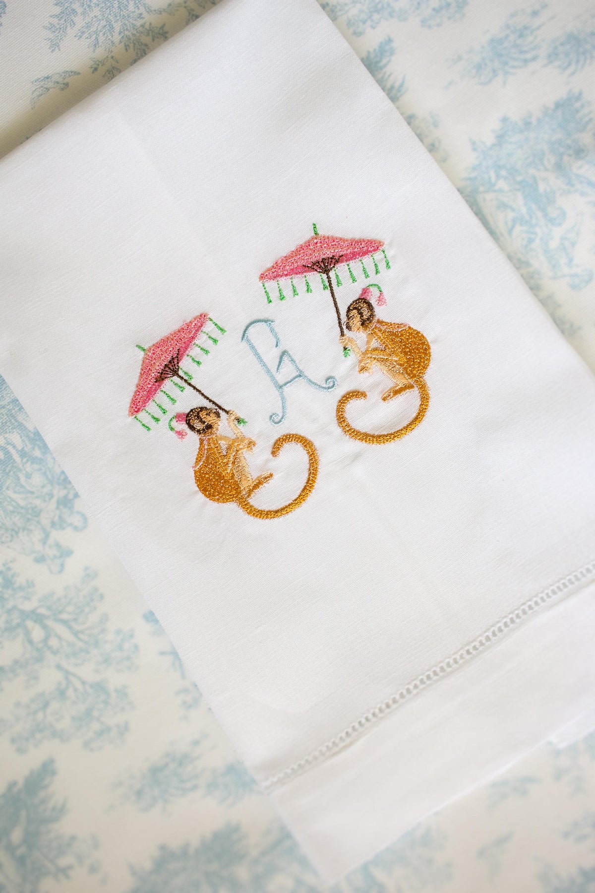 Monogrammed Linen Tea Towel | Monkey Parasol | Chinoiserie Gifts | Hostess Gifts | Gifts for Her