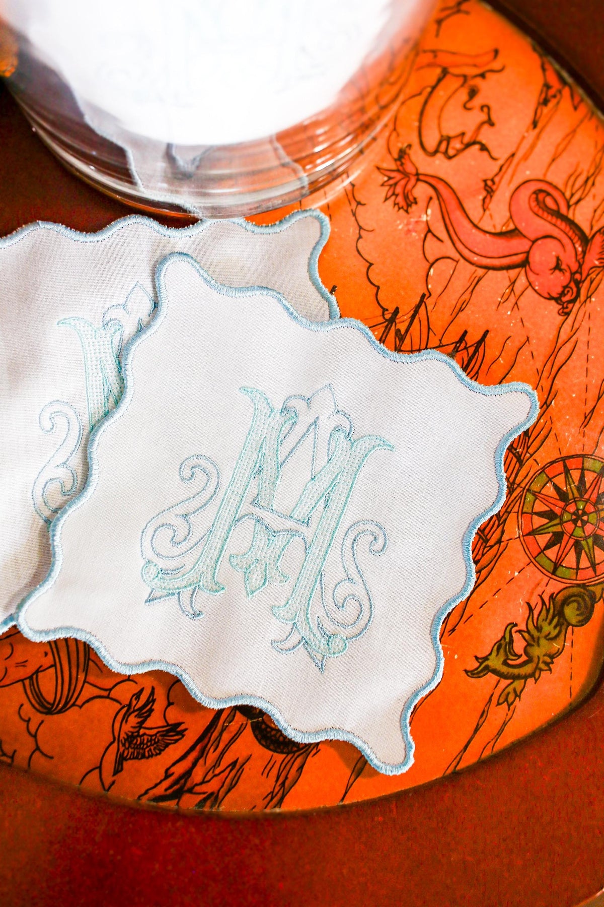 Embroidered Bar Linen Set | Custom Tea Towel | Scalloped Cocktail Napkins | Hostess Gifts | Housewarming Gifts | Wedding Gifts