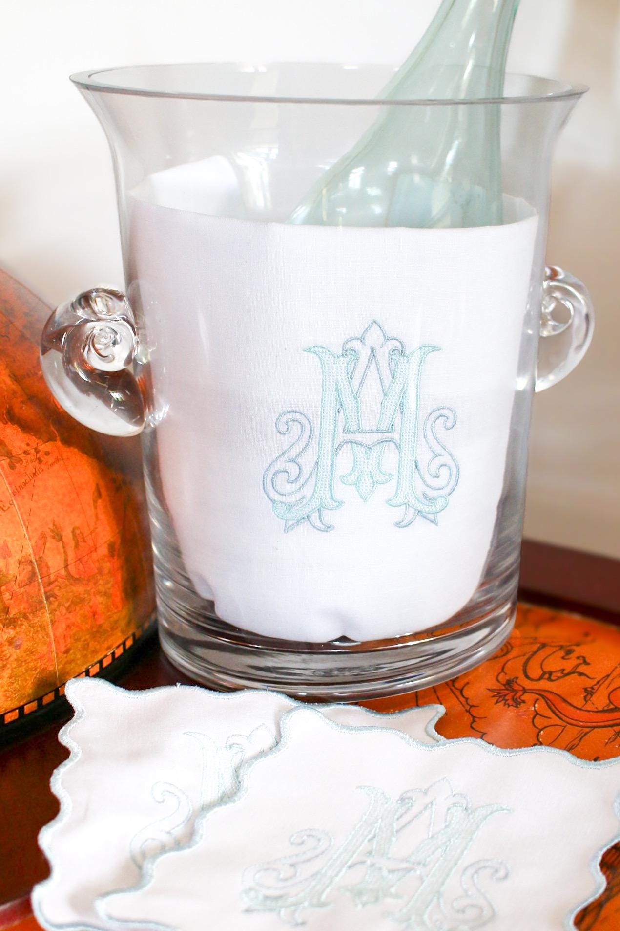 Embroidered Bar Linen Set | Custom Tea Towel | Scalloped Cocktail Napkins | Hostess Gifts | Housewarming Gifts | Wedding Gifts