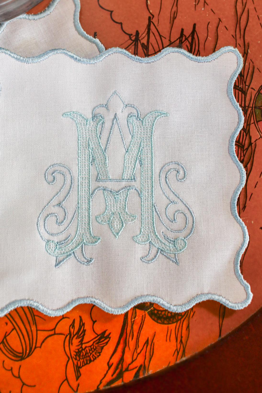 Embroidered Bar Linen Set | Custom Tea Towel | Scalloped Cocktail Napkins | Hostess Gifts | Housewarming Gifts | Wedding Gifts