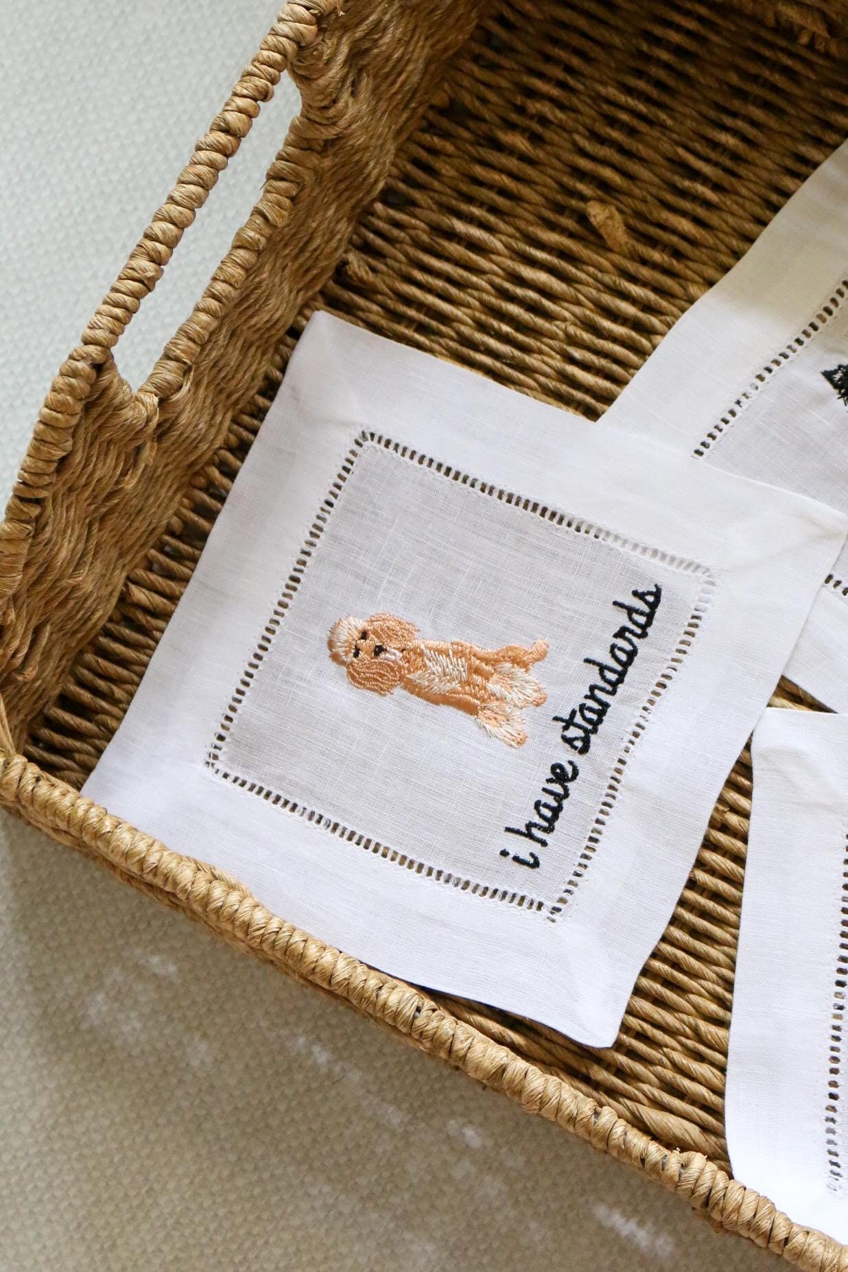 Dog Embroidered Cocktail Napkins | Hostess Gifts | Gifts for Her | Grandmillenial Gifts | Funny Cocktail Napkins