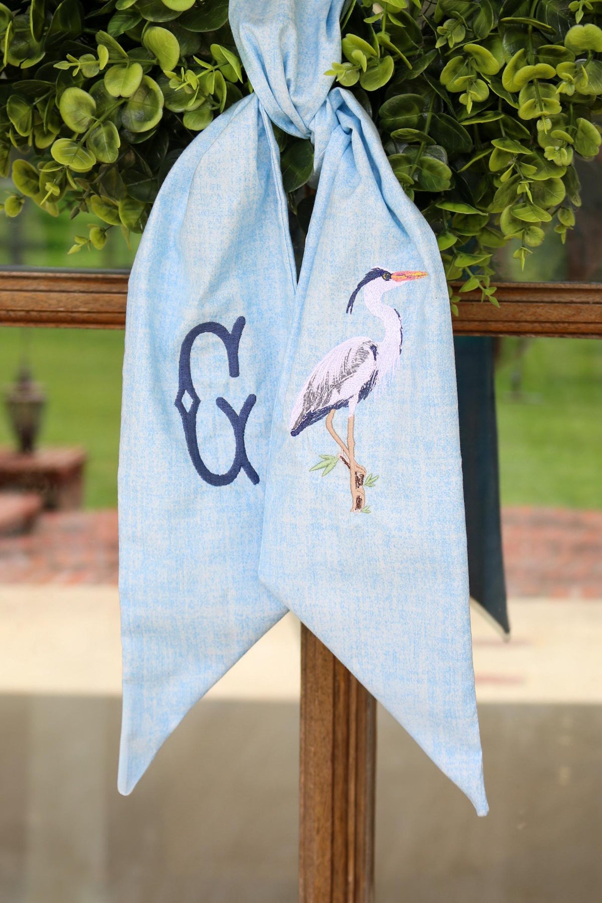 Embroidered Blue Heron Wreath Sash | Home Gifts | Wedding Gifts | Grandmillenial Home