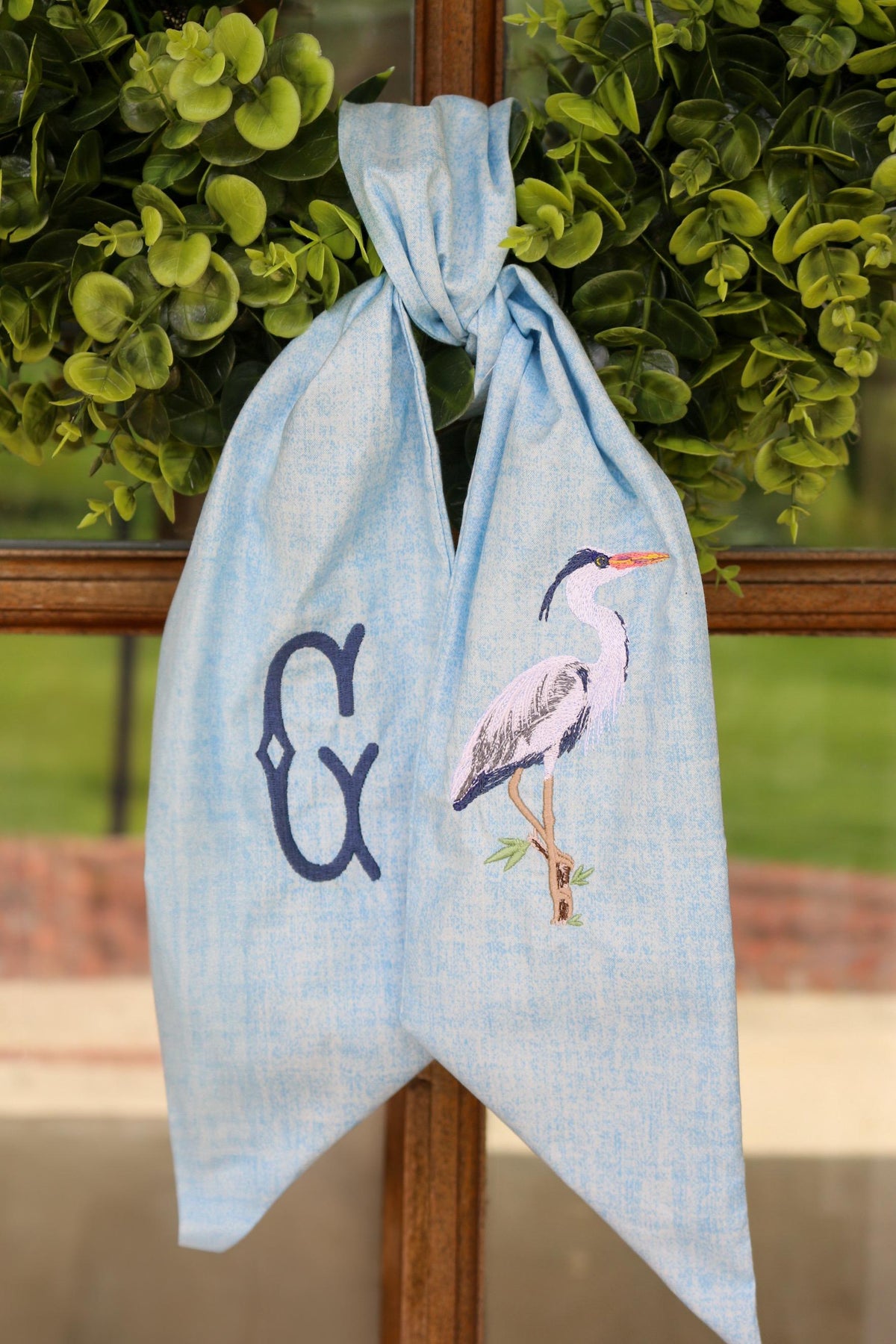 Embroidered Blue Heron Wreath Sash | Home Gifts | Wedding Gifts | Grandmillenial Home