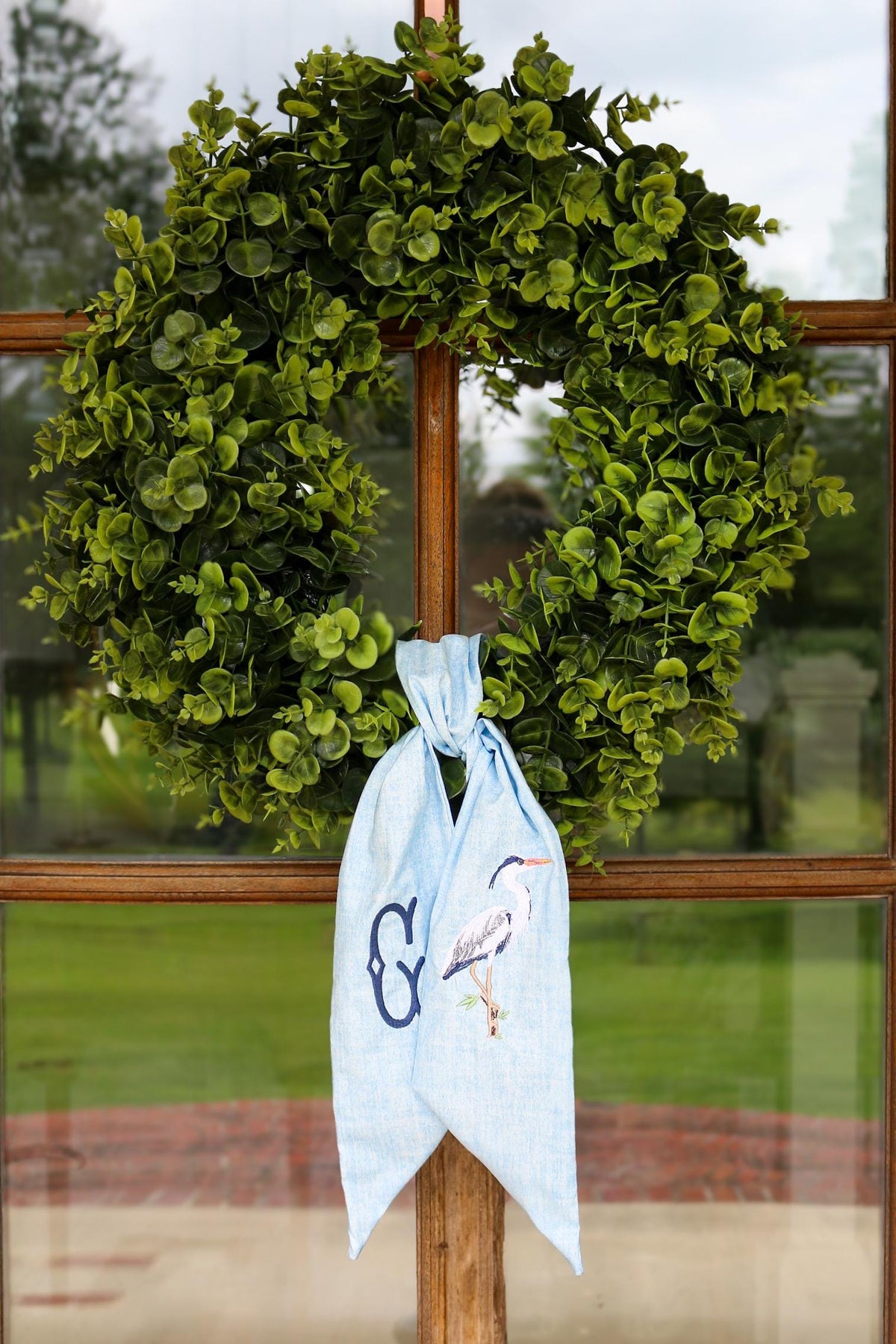 Embroidered Blue Heron Wreath Sash | Home Gifts | Wedding Gifts | Grandmillenial Home