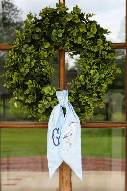 Embroidered Blue Heron Wreath Sash | Home Gifts | Wedding Gifts | Grandmillenial Home