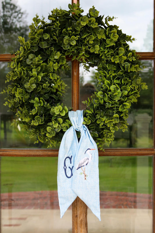 Embroidered Blue Heron Wreath Sash | Home Gifts | Wedding Gifts | Grandmillenial Home