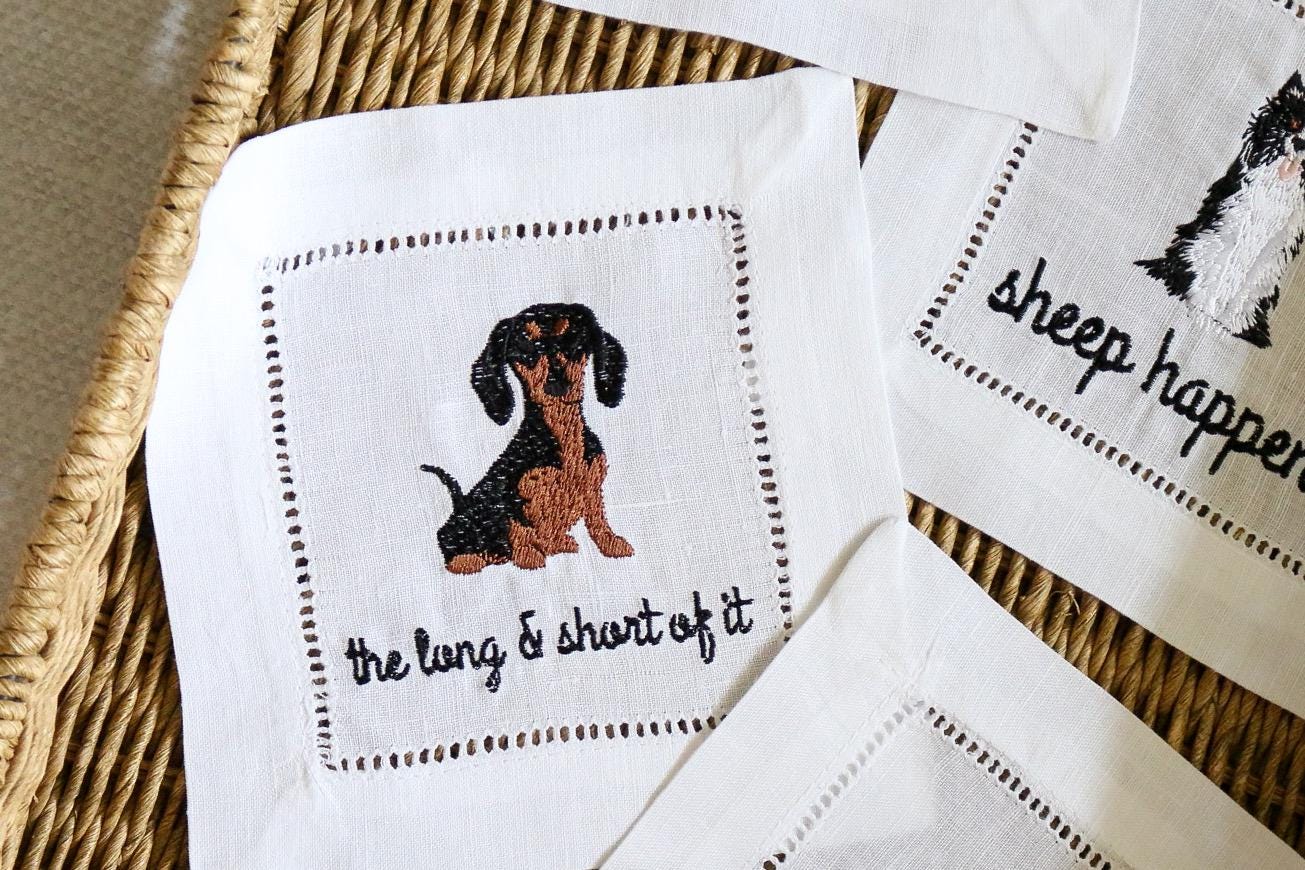 Dog Embroidered Cocktail Napkins | Hostess Gifts | Gifts for Her | Grandmillenial Gifts | Funny Cocktail Napkins