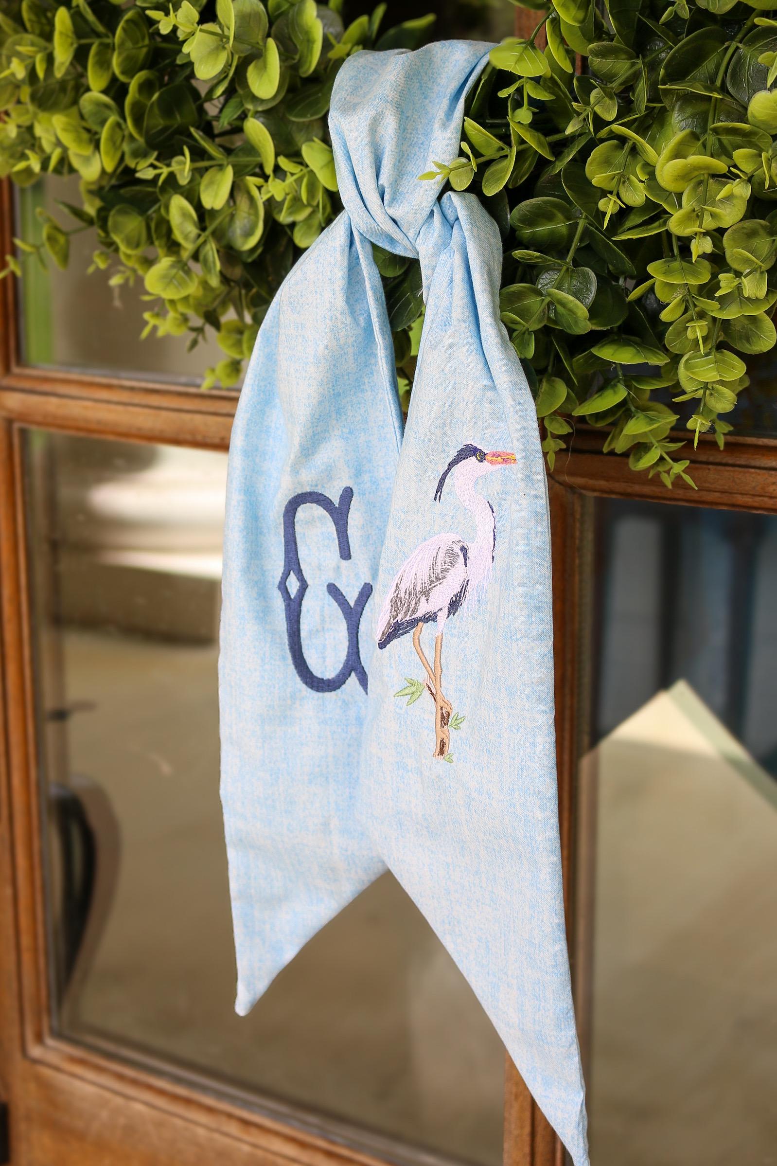 Embroidered Blue Heron Wreath Sash | Home Gifts | Wedding Gifts | Grandmillenial Home