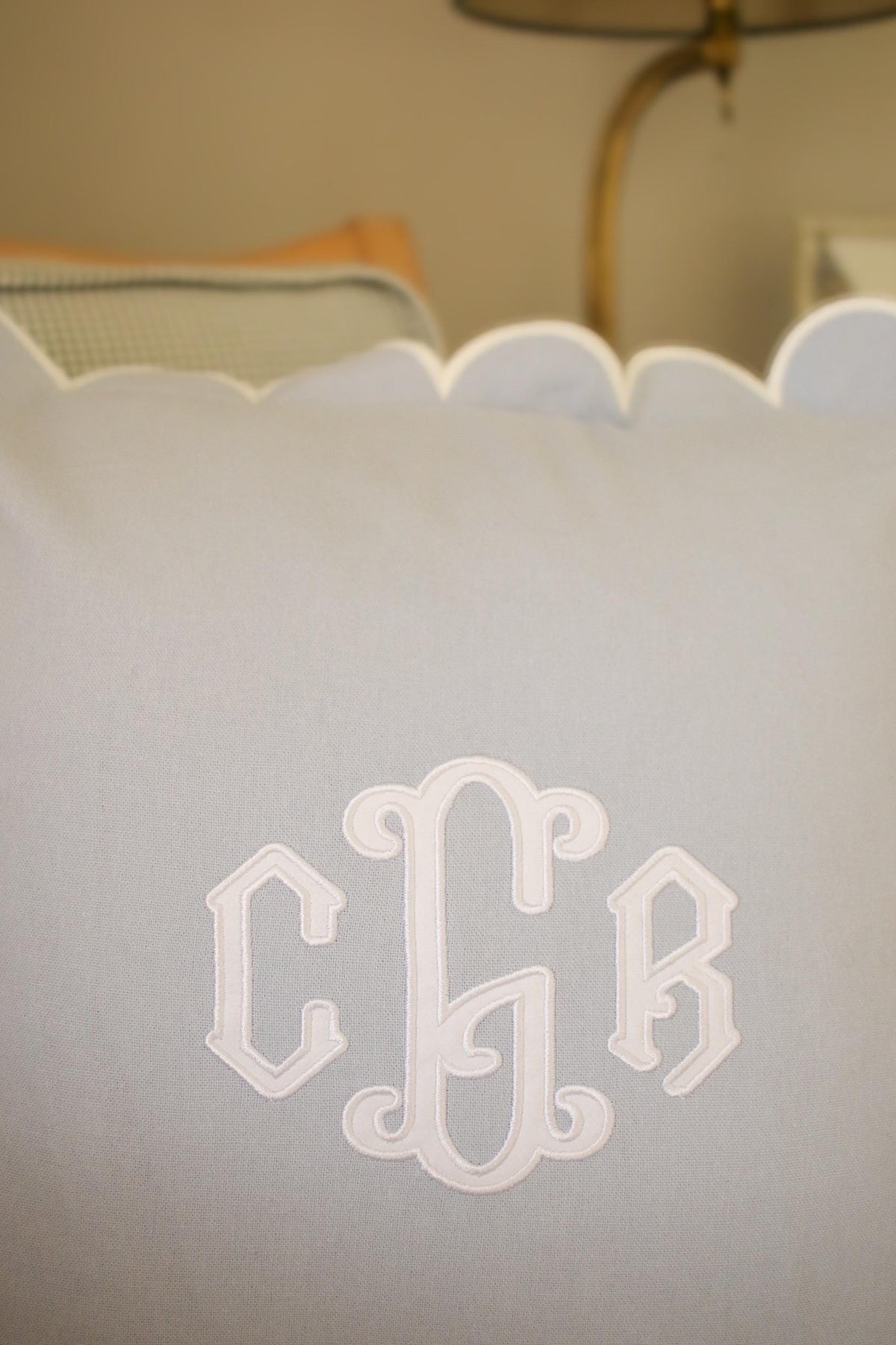 Custom Applique Pillow Cover – Personalized 18x18 Scalloped Pillow with Embroidered Applique - Wedding Gift | Home Gift | Personalized Gift