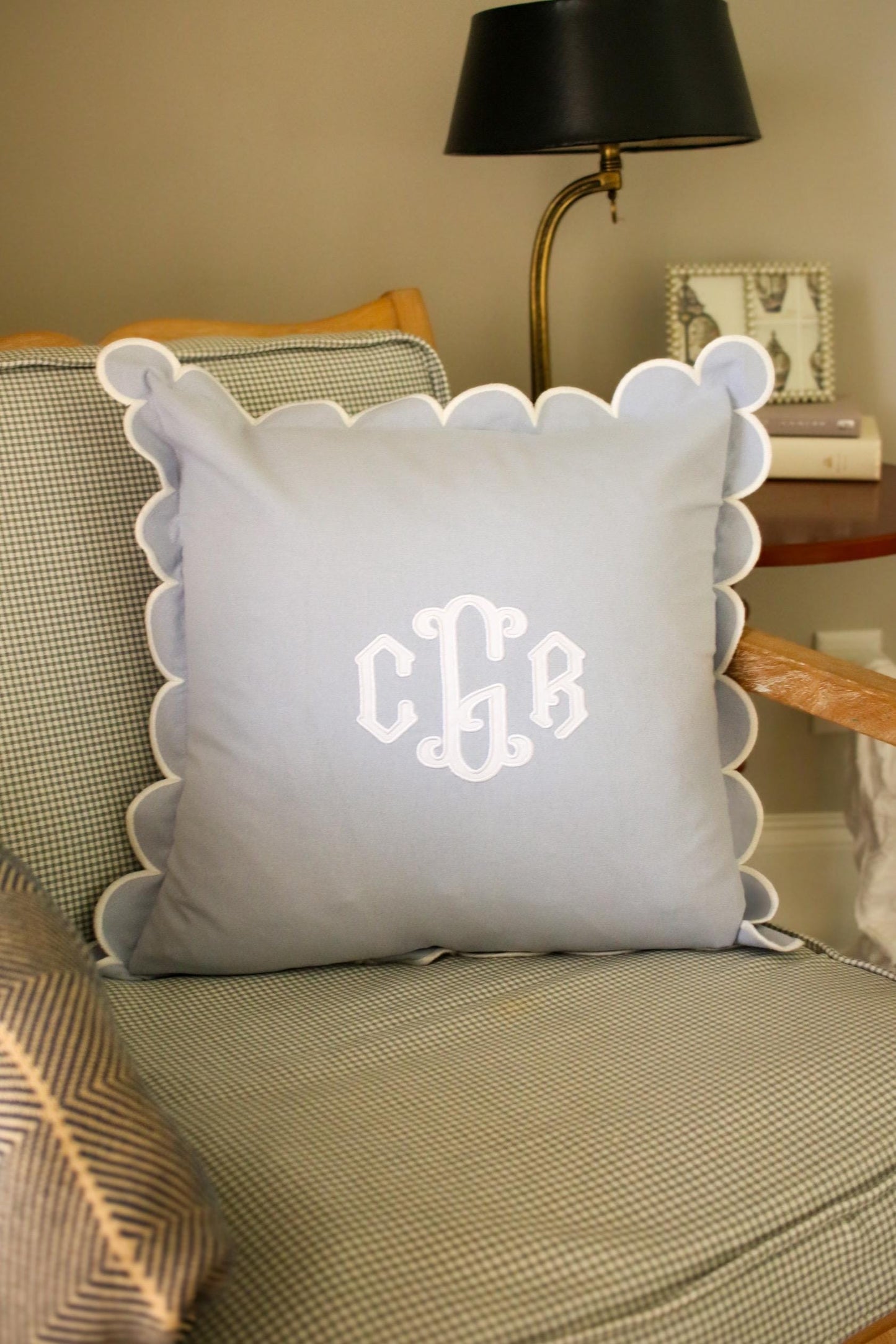 Custom Applique Pillow Cover – Personalized 18x18 Scalloped Pillow with Embroidered Applique - Wedding Gift | Home Gift | Personalized Gift