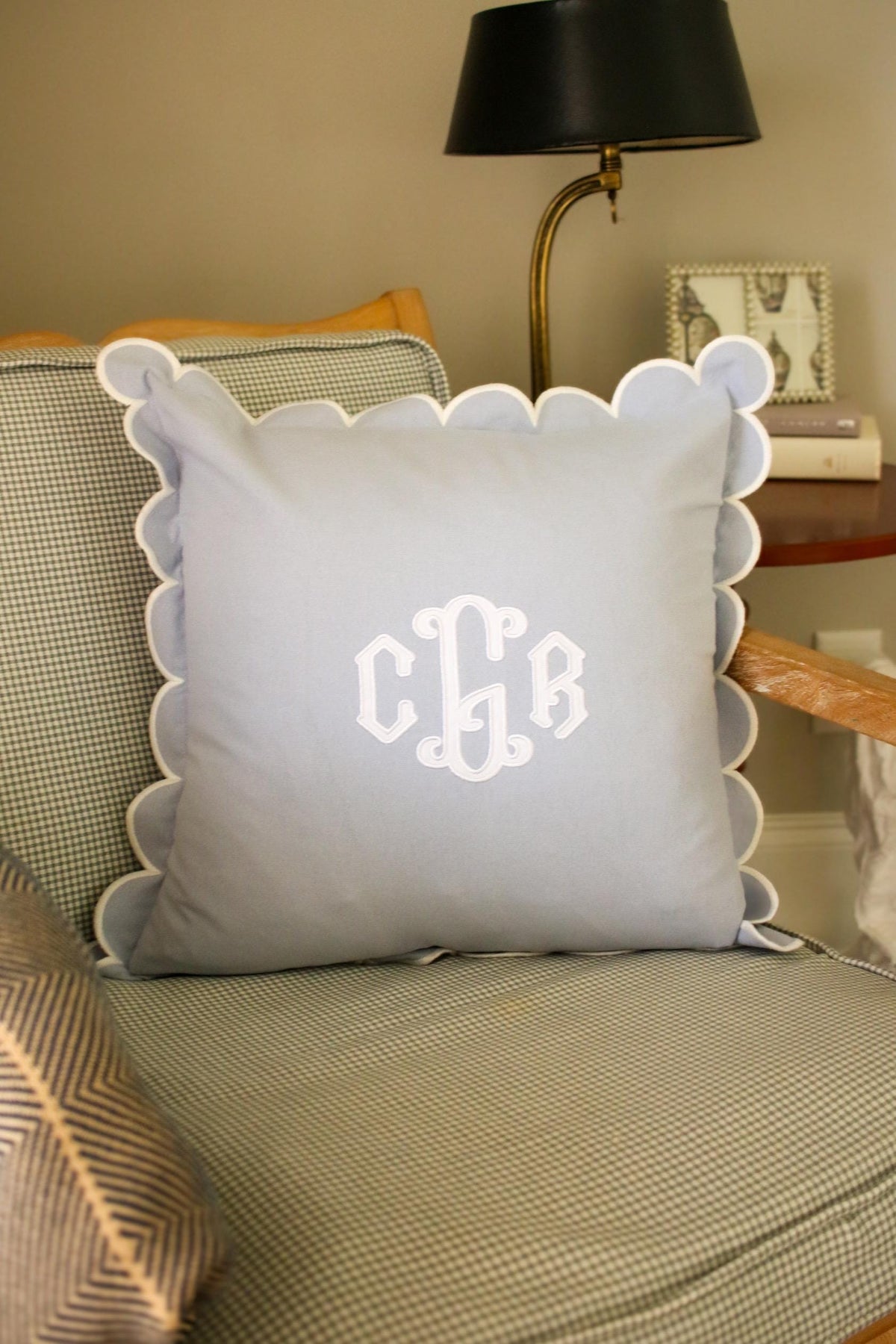 Custom Applique Pillow Cover – Personalized 18x18 Scalloped Pillow with Embroidered Applique - Wedding Gift | Home Gift | Personalized Gift